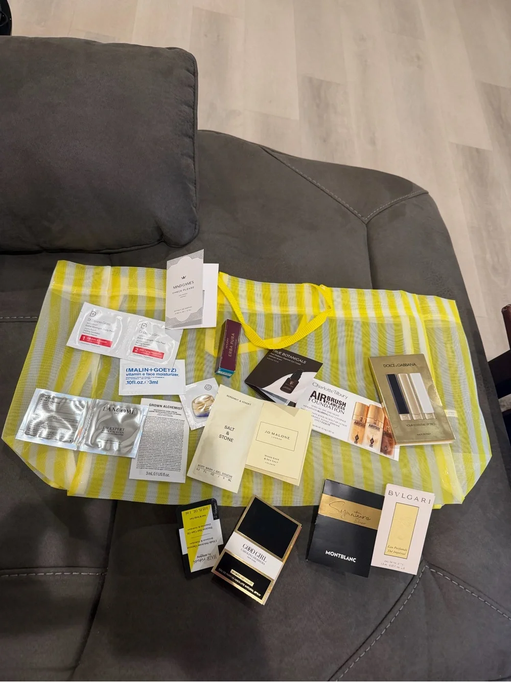 Nordstrom Assorted Luxury Skincare Sample Bundle on Yellow Stripe Tote